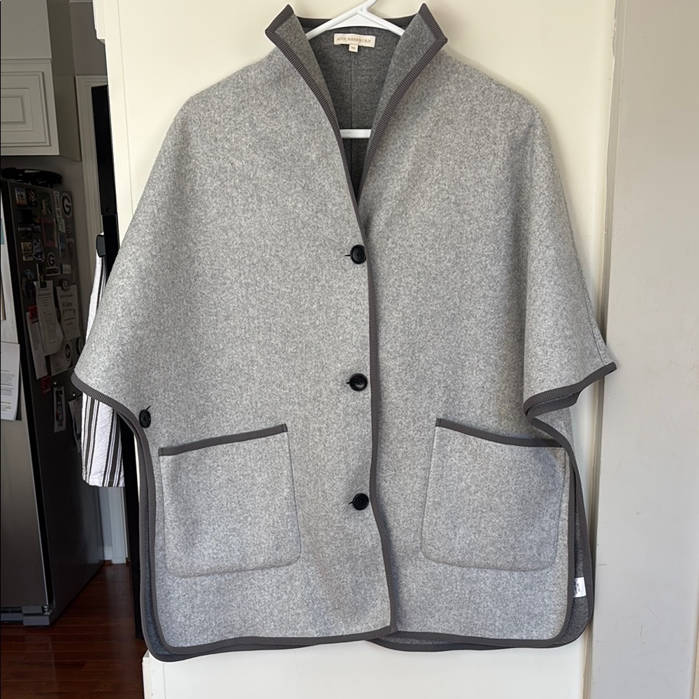 ANN MASHBURN Gray Wool Cape Jacket with Stand-Up Collar